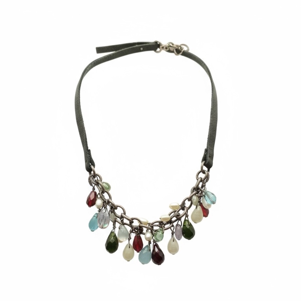 Silpada boho chic glass bead and stone leather choker necklace 8”